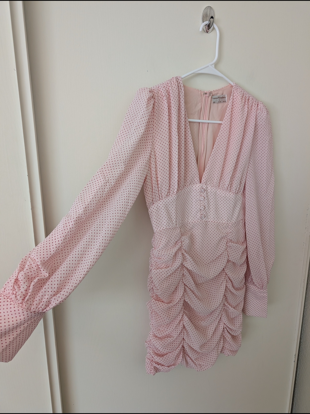 Seven Wonders Womens 4 Ruched Polka Dot Pink Mini Dress Coquette Cottage Party - Picture 4 of 7